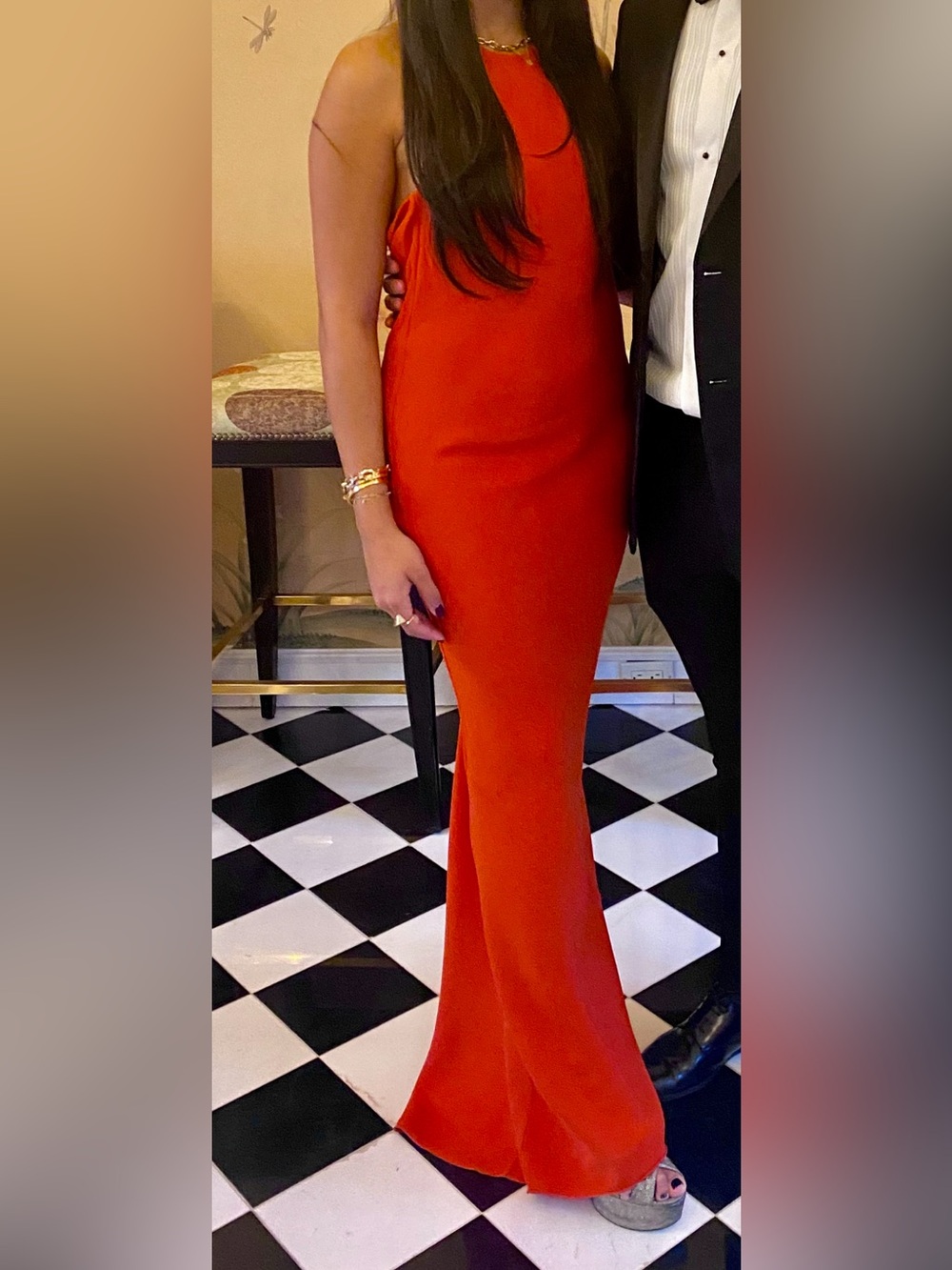 Esteban Cortazar Red Orange Halter Dress with Cream Tie Detail